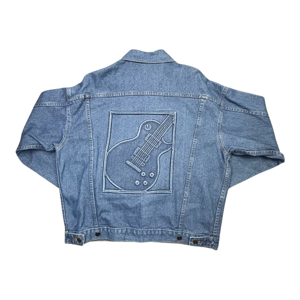 Vintage 90s TYCA Denim Jacket L Blue Jean Trucker Embossed Guitar Band Musician